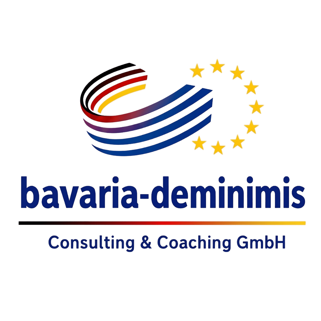 Logo for Bavaria-Deminimis Consulting & Coaching GmbH with rainbow curved ribbons and EU stars forming a circle around the top.