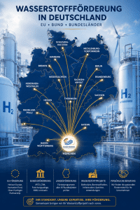 Poster illustrating hydrogen funding in Germany: blue map of states with yellow connection lines emanating from Munich (Bayern) to many regions; title 'WASSERSTOFFFÖRDERUNG IN DEUTSCHLAND' at top.