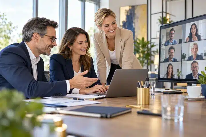 Ein Team arbeitet am Laptop und tauscht sich in einer Videobesprechung aus.