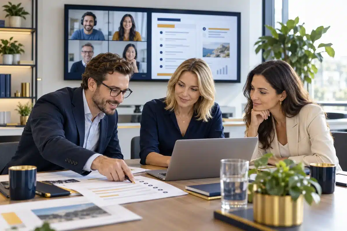 Ein Team bespricht am Laptop eine Projektübersicht während einer Videokonferenz.